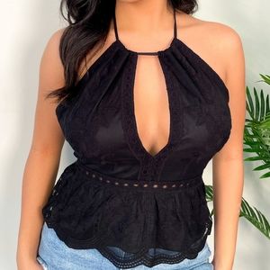 BLACK LACE HALTER TOP SMALL